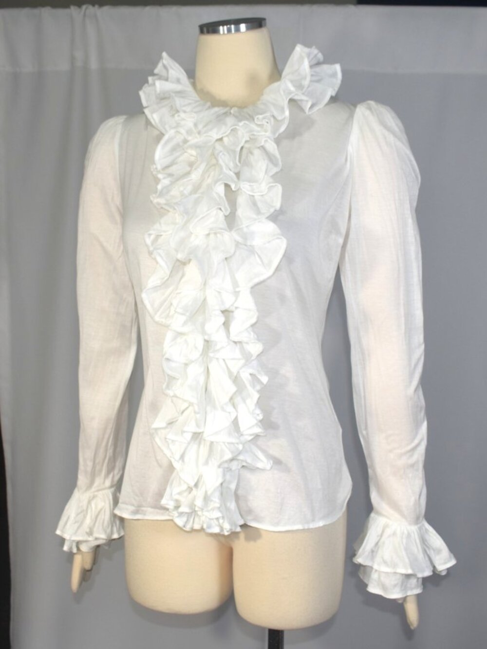 Vintage Ralph Lauren Collection White Ruffle Blouse Cotton Knit Jabot Front M